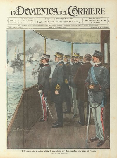 Il Re assiste alla grandiosa sfilata di quarantotto navi della squadra, nelle acque di Venezia da Achille Beltrame