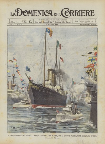 Il viaggio dei sovrani a Londra, lo yacht Victoria and Albert che li conduce passa davanti la squadra inglese da Achille Beltrame