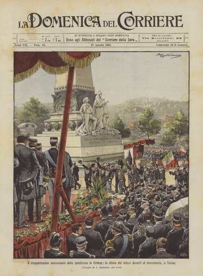 Il cinquantesimo anniversario della spedizione in Crimea, la sfilata dei reduci davanti al monumento a Torino da Achille Beltrame