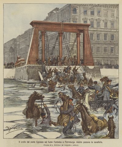 Crollo del ponte Egiziano sul fiume Fontanka a Pietroburgo da Achille Beltrame