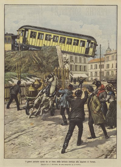 Pericolo corso da un treno della ferrovia elettrica alla stazione di Varese da Achille Beltrame