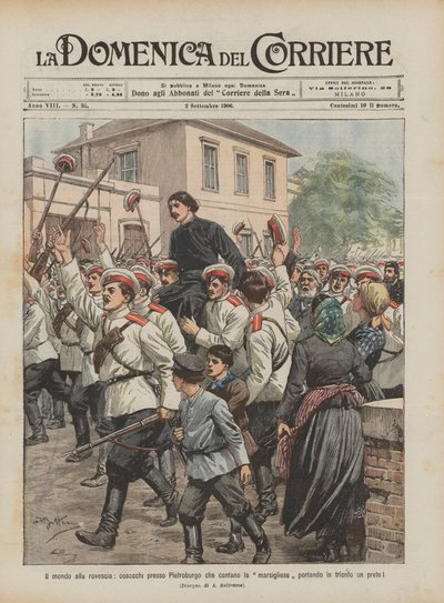 Il mondo alla rovescia, cosacchi presso Pietroburgo che cantano la marsigliese portando in trionfo un prete! da Achille Beltrame