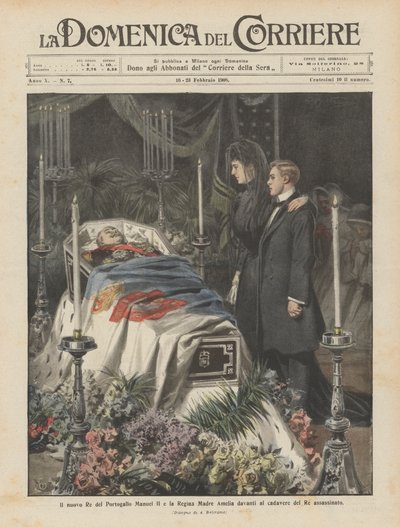 Il nuovo Re del Portogallo Manuel II e la Regina Madre Amelia davanti al cadavere del Re assassinato da Achille Beltrame