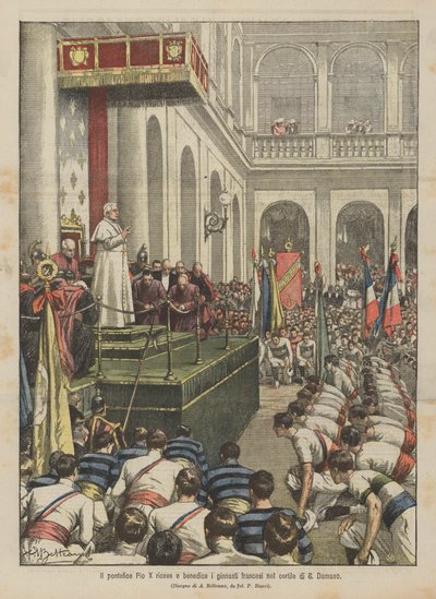Il pontefice Pio X riceve e benedice i ginnasti francesi nel cortile di San Damaso da Achille Beltrame
