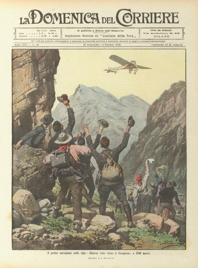 Il primo aeroplano sulle Alpi, Chavez vola verso il Sempione, a 2500 metri da Achille Beltrame