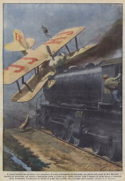 Il primo scontro fra un treno e un aeroplano da Achille Beltrame