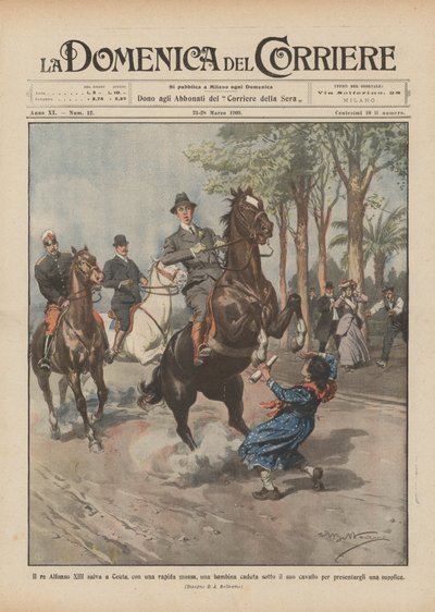 Il re Alfonso XIII salva a Ceuta, con una rapida mossa, una bambina caduta sotto il suo cavallo da Achille Beltrame