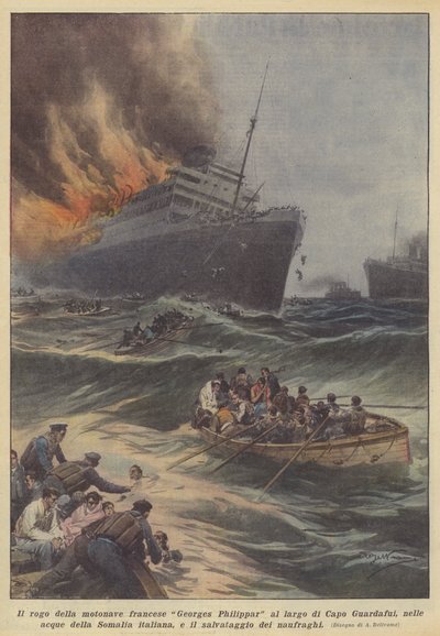 Il rogo della motonave francese Georges Philippar al largo di Capo Guardafui, nelle acque della Somalia da Achille Beltrame