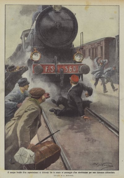 Capostazione si distende fra le rotaie al passaggio di un direttissimo da Achille Beltrame