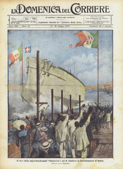 Il varo della super-dreadnought Caracciolo nel R Cantiere di Castellammare di Stabia da Achille Beltrame