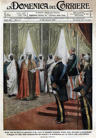 Nella sala del trono del Palazzo del Quirinale, il re italiano Vittorio Emanuele III riceve la missione senussita della Cirenaica (in Libia) venuta a rendere omaggio e congratularsi per la vittoria delle truppe italiane da Achille Beltrame