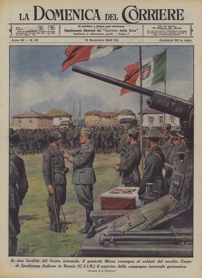 In una località del fronte orientale, il generale Messe consegna ai soldati del vecchio Corpo da Achille Beltrame