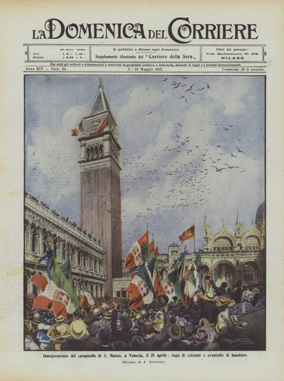 Inaugurazione del campanile di San Marco a Venezia, il 25 aprile, fuga di colombi e sventolio di bandiere da Achille Beltrame