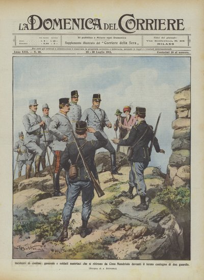 Incidenti di confine, generale e soldati austriaci che si ritirano da Cima Mandriolo da Achille Beltrame