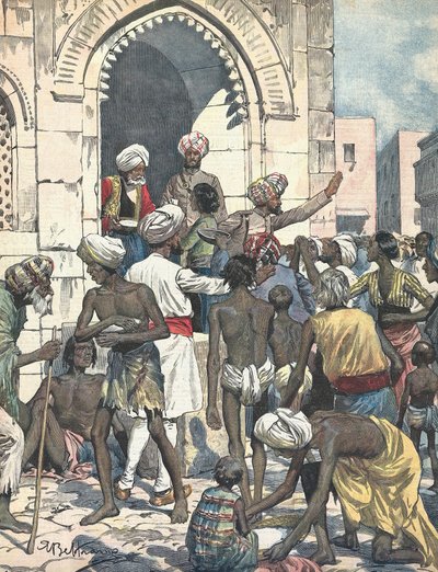India. La siccità causa epidemie. Distribuzione di cibo. Illustrato da Antonio Beltrame. "La domenica del Corriere". 26 febbraio da Achille Beltrame