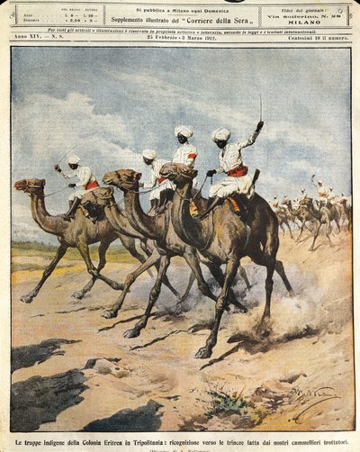 Truppe indigene della Colonia Eritrea in Tripolitania, illustratore Achille Beltrame, da La Domenica del Corriere, 25 febbraio 1912 da Achille Beltrame