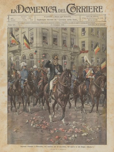 Ingresso trionfale a Bruxelles, nel mattino del 23 dicembre, del nuovo re del Belgio Alberto I da Achille Beltrame