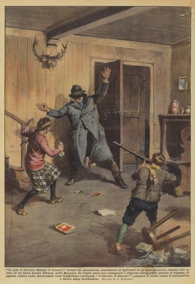 Io sono il diavolo! Datemi il denaro! intimò un malandrino mascherato ai figlioletti da Achille Beltrame