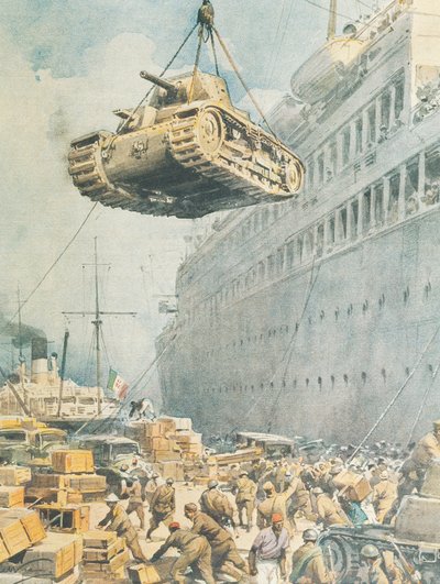 Convoglio italiano che arriva a destinazione in Libia, di Achille Beltrame, illustrazione, Illustratore Achille Beltrame (1871-1945), da La Domenica del Corriere da Achille Beltrame