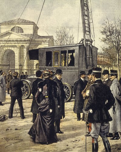 Il fisico italiano Guglielmo Marconi assiste agli esperimenti con la prima stazione radio mobile a Milano, 30 dicembre da Achille Beltrame