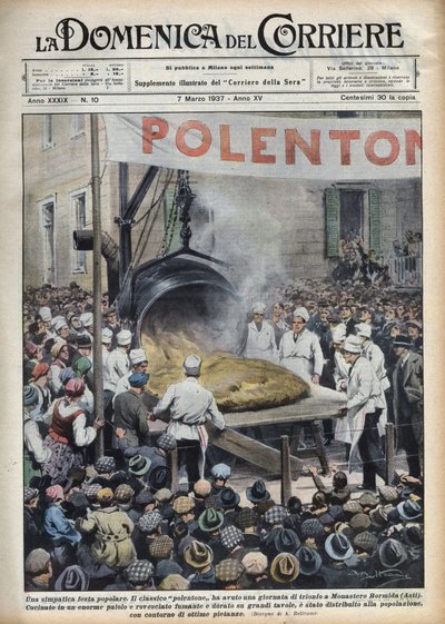 Festa popolare italiana: polenta gigante (polentone) organizzata in una città vicino ad Asti in Veneto. Illustrazione di Achille Beltrame in 