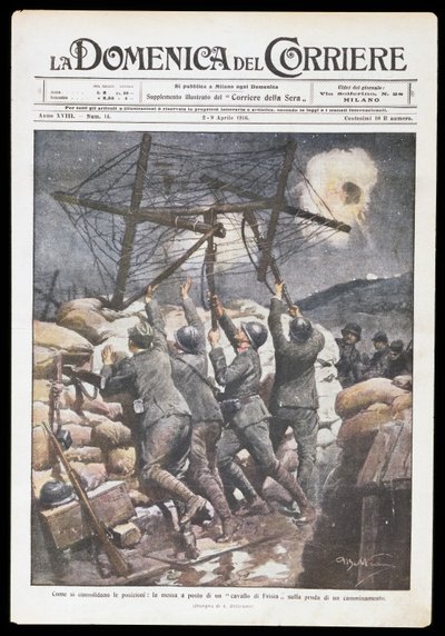 Soldati italiani che mettono cavallo frisone sulla trincea, tavola di Achille Beltrame per Domenica del Corriere, 2-9 aprile 1916, Prima Guerra Mondiale, Italia, XX secolo da Achille Beltrame