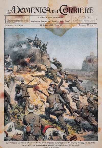 Truppe italiane avanzano sul suolo etiope, illustrazione da La Domenica del Corriere, 20 ottobre da Achille Beltrame