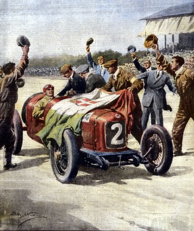 Vittoria italiana al 3° Gran Premio Europeo di Motociclismo: i meccanici di Ascari espongono la bandiera tricolore sull