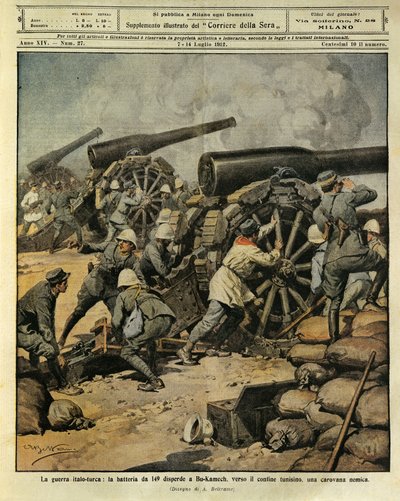 Guerra Italo-Turca, fuoco di batteria dal Cannone n. 149 che sconfigge una carovana nemica a Bu-Kamek verso il confine tunisino, illustratore Achille Beltrame, da La Domenica del Corriere, 7 luglio 1912 da Achille Beltrame