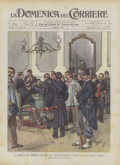 La chiamata dei ferrovieri alle armi, alla stazione centrale di Milano la mattina del 25 febbraio da Achille Beltrame