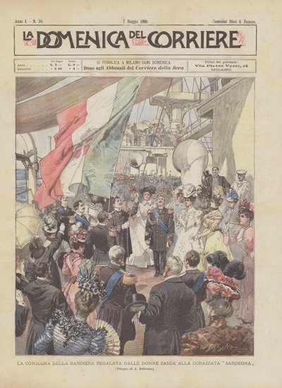 La consegna della bandiera regalata dalle donne sarde alla corazzata Sardegna da Achille Beltrame