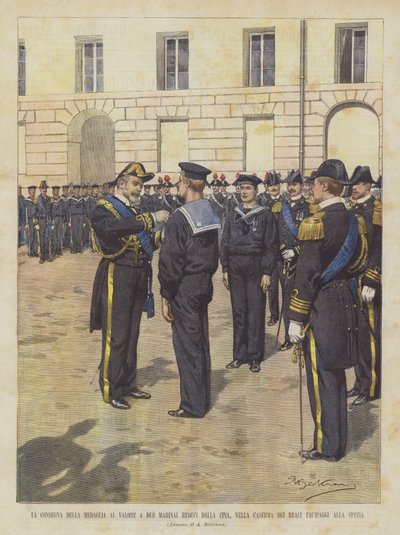 La consegna della medaglia al valore a due marinai reduci dalla Cina, nella caserma dei reali equipaggi alla Spezia da Achille Beltrame