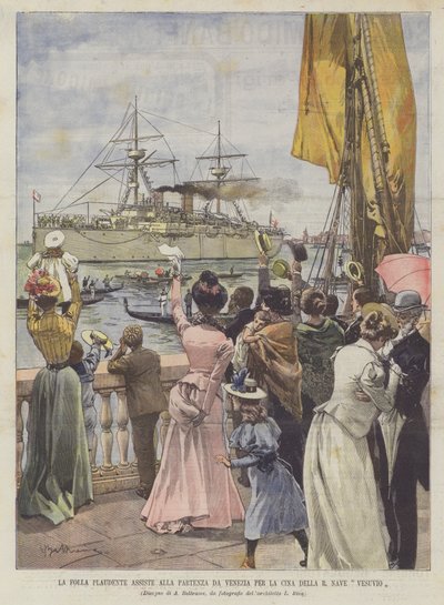 La folla plaudente assiste alla partenza da Venezia per la Cina della R Nave Vesuvio da Achille Beltrame