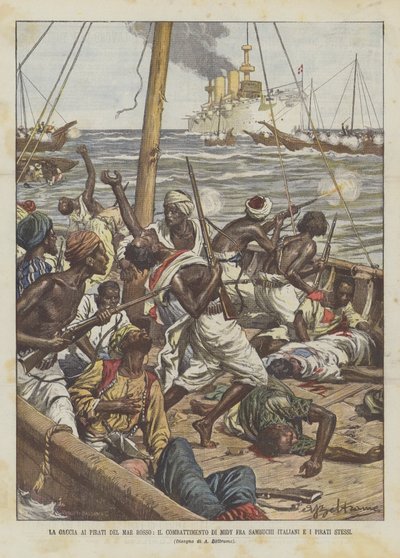 La caccia ai pirati del Mar Rosso, il combattimento di Midy fra sambuchi italiani e i pirati stessi da Achille Beltrame
