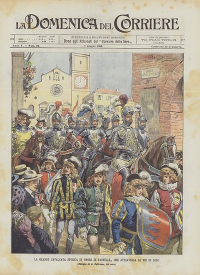 La grande cavalcata storica in onore di Fanfulla, che attraversa le vie di Lodi da Achille Beltrame