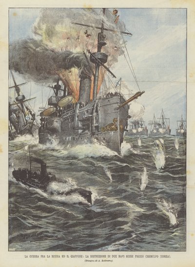 La guerra fra la Russia ed il Giappone, la distruzione di due navi russe presso Chemulpo (Corea) da Achille Beltrame