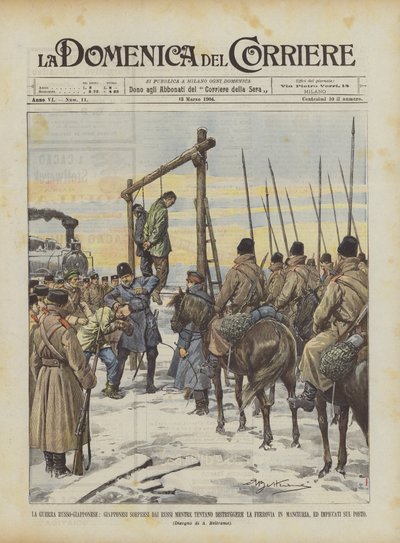 La guerra russo-giapponese, giapponesi sorpresi dai russi mentre tentano distruggere la ferrovia da Achille Beltrame
