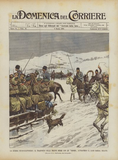 La guerra russo-giapponese, il trasporto delle truppe russe con le troike attraverso il lago Baikal gelato da Achille Beltrame