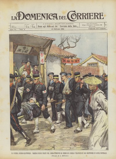 La guerra russo-giapponese, marinai russi feriti nel combattimento di Chemulpo (Corea) trasportati da Achille Beltrame