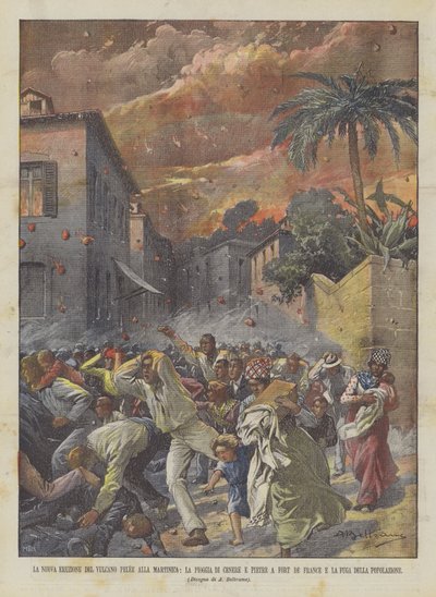 La nuova eruzione del vulcano Pelee alla Martinica, la pioggia di cenere e pietre a Fort de France da Achille Beltrame