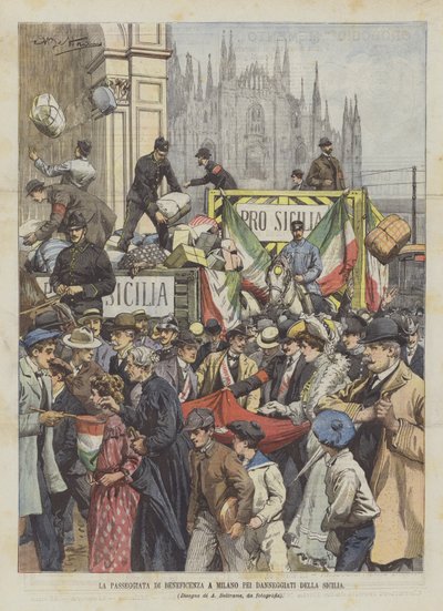 La passeggiata di beneficenza a Milano per i danneggiati della Sicilia da Achille Beltrame