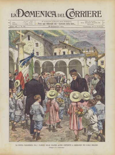La regina Margherita fra i bambini delle colonie alpine convenuti a Gressoney per farle omaggio da Achille Beltrame