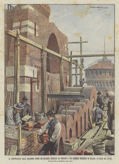 La ricostruzione della grandiosa Torre del Filarete, dedicata ad Umberto I, nel Castello Sforzesco da Achille Beltrame