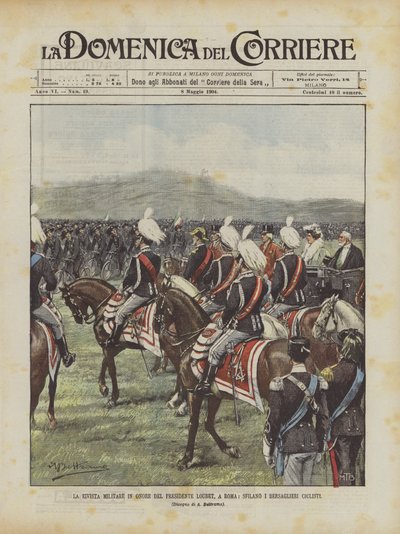 La rivista militare in onore del Presidente Loubet, a Roma, sfilano i bersaglieri ciclisti da Achille Beltrame