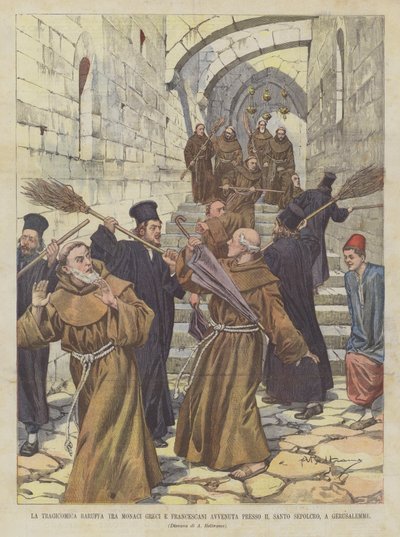 La tragicomica baruffa tra monaci greci e francescani avvenuta presso il Santo Sepolcro, a Gerusalemme da Achille Beltrame