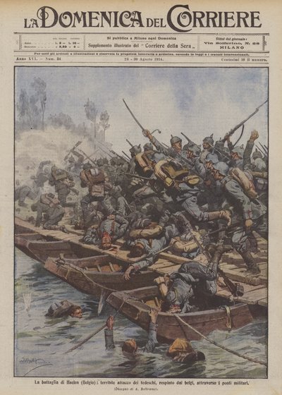 La battaglia di Haelen (Belgio), terribile attacco dei tedeschi, respinto dai belgi, attraverso i ponti militari da Achille Beltrame