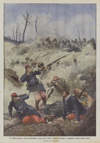 La brutta guerra, coi gas asfissianti e non con le armi, i tedeschi riescono a conquistar trincee presso Ypres da Achille Beltrame