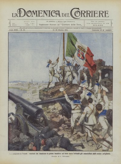 La conquista di Tripoli, marinai che innalzano la prima bandiera sul forte turco Sultanie da Achille Beltrame
