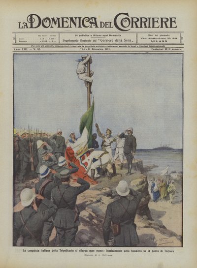 La conquista italiana della Tripolitania si allarga man mano, innalzamento della bandiera su la punta di Tagiura da Achille Beltrame