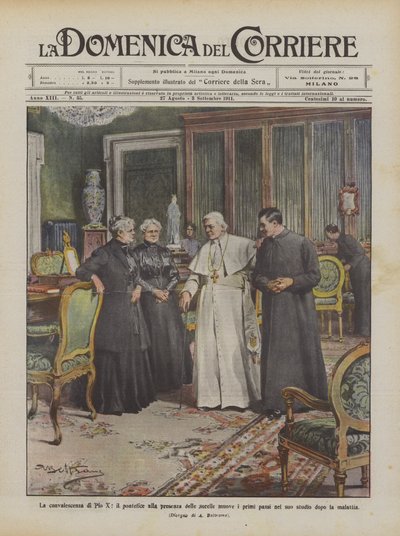 La convalescenza di Pio X, il pontefice alla presenza delle sorelle muove i primi passi da Achille Beltrame